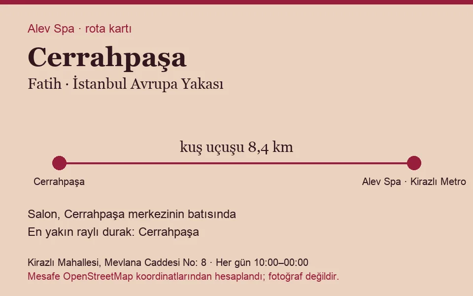 Cerrahpaşa masaj salonu rota kartı: Alev Spa'ya kuş uçuşu 8,4 km, salon batısında