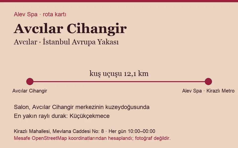 Cihangir (Avcılar) masaj salonu rota kartı: Alev Spa'ya kuş uçuşu 12,1 km, salon kuzeydoğusunda