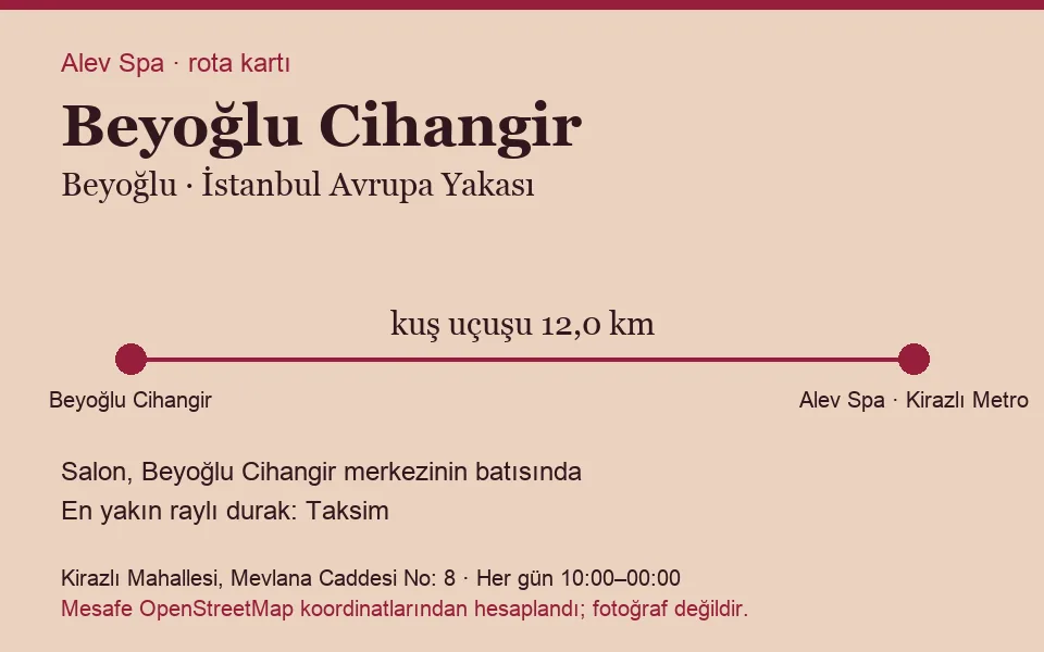 Cihangir (Beyoğlu) masaj salonu rota kartı: Alev Spa'ya kuş uçuşu 12,0 km, salon batısında