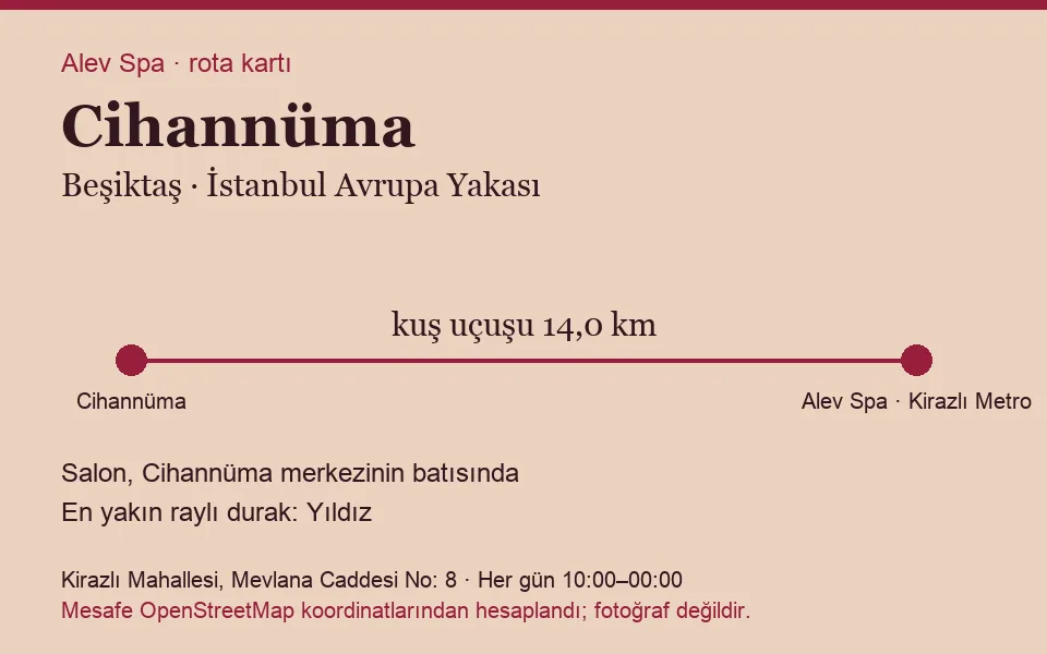 Cihannüma masaj salonu rota kartı: Alev Spa'ya kuş uçuşu 14,0 km, salon batısında