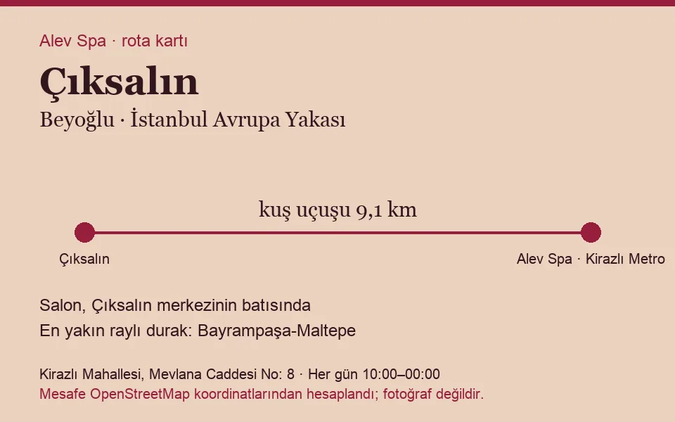 Çıksalın masaj salonu rota kartı: Alev Spa'ya kuş uçuşu 9,1 km, salon batısında