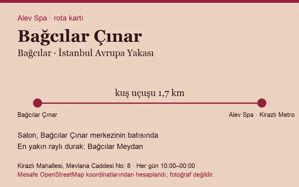 Çınar (Bağcılar) masaj salonu rota kartı: Alev Spa'ya kuş uçuşu 1,7 km, salon batısında