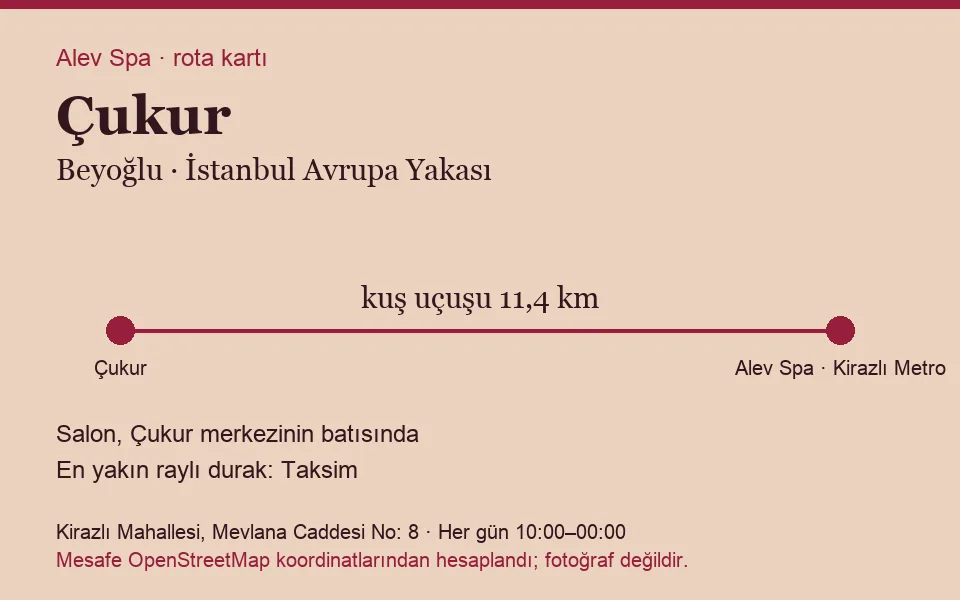 Çukur masaj salonu rota kartı: Alev Spa'ya kuş uçuşu 11,4 km, salon batısında
