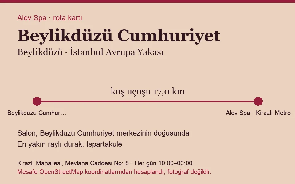 Cumhuriyet (Beylikdüzü) masaj salonu rota kartı: Alev Spa'ya kuş uçuşu 17,0 km, salon doğusunda
