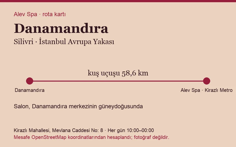 Danamandıra masaj salonu rota kartı: Alev Spa'ya kuş uçuşu 58,6 km, salon güneydoğusunda