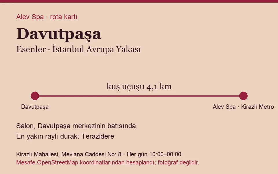 Davutpaşa masaj salonu rota kartı: Alev Spa'ya kuş uçuşu 4,1 km, salon batısında