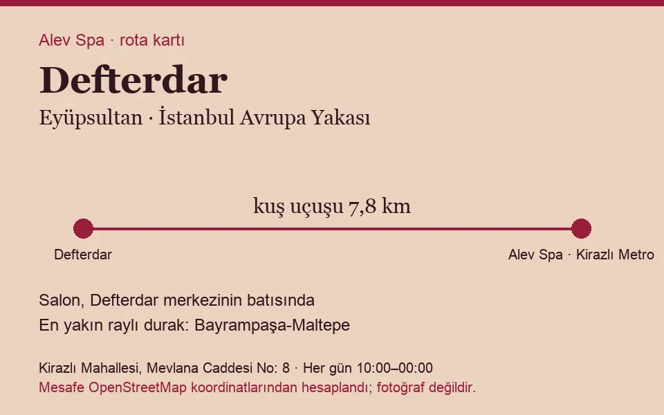Defterdar masaj salonu rota kartı: Alev Spa'ya kuş uçuşu 7,8 km, salon batısında
