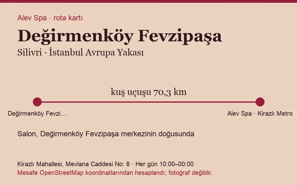 Değirmenköy Fevzipaşa masaj salonu rota kartı: Alev Spa'ya kuş uçuşu 70,3 km, salon doğusunda