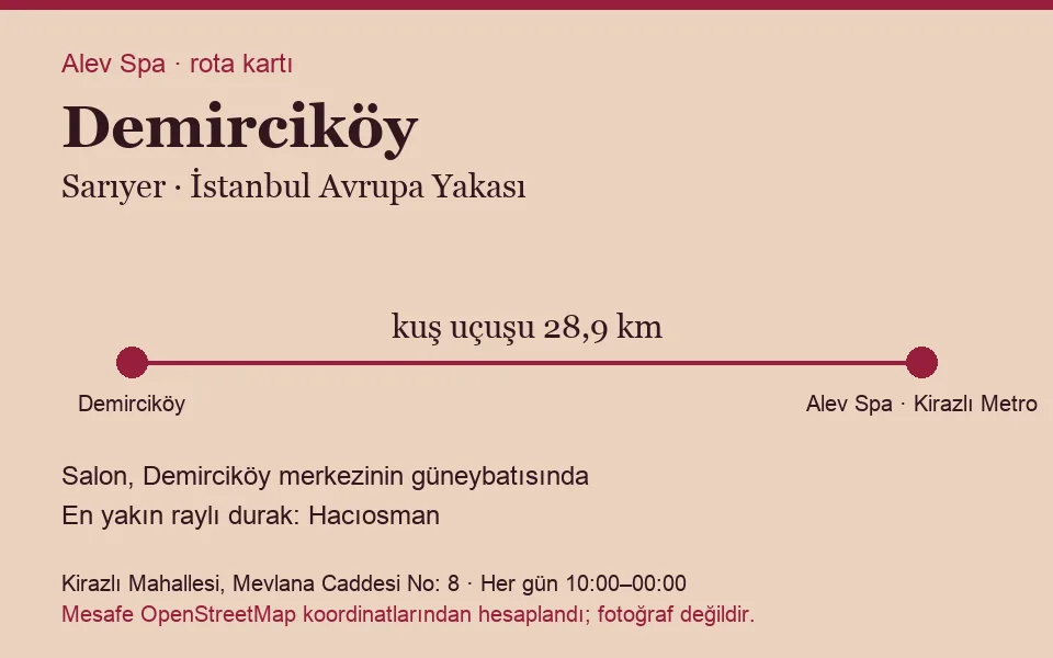 Demirciköy masaj salonu rota kartı: Alev Spa'ya kuş uçuşu 28,9 km, salon güneybatısında