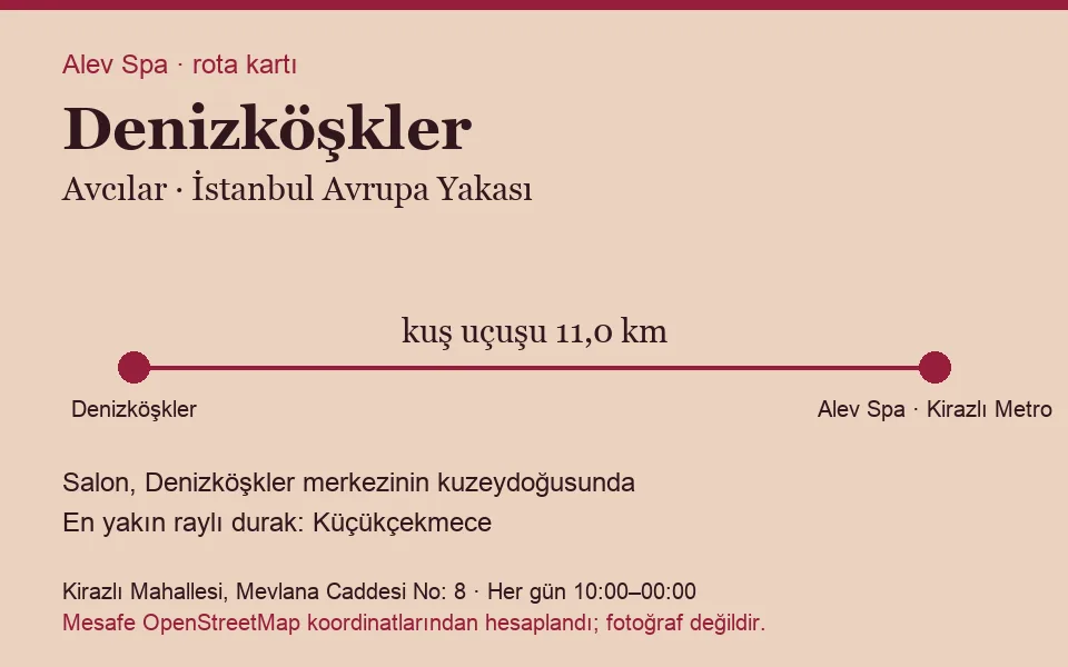 Denizköşkler masaj salonu rota kartı: Alev Spa'ya kuş uçuşu 11,0 km, salon kuzeydoğusunda