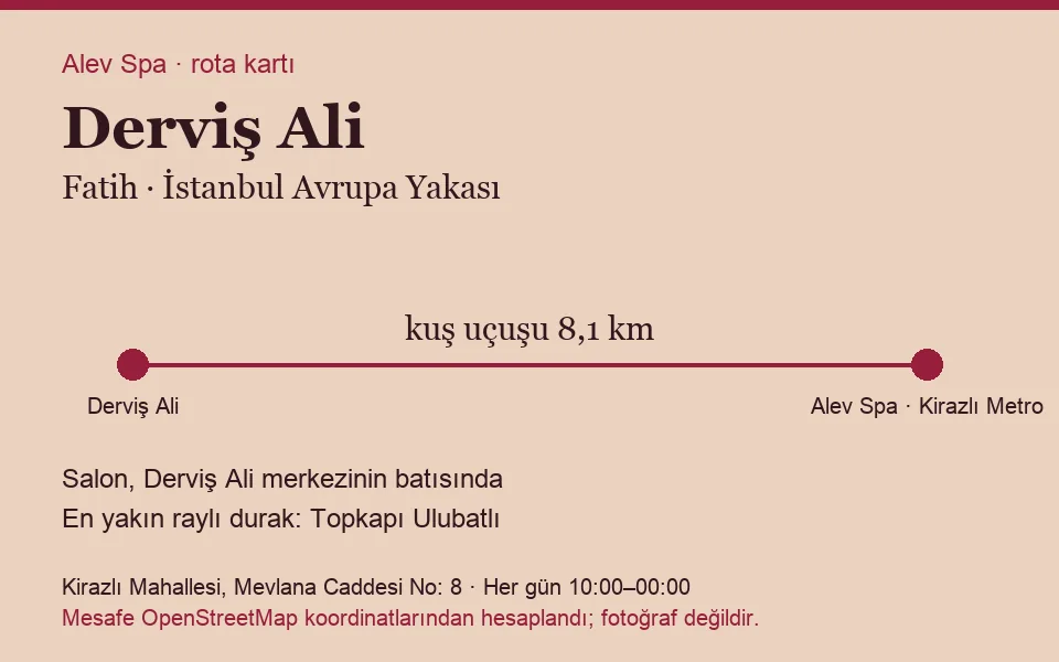 Derviş Ali masaj salonu rota kartı: Alev Spa'ya kuş uçuşu 8,1 km, salon batısında