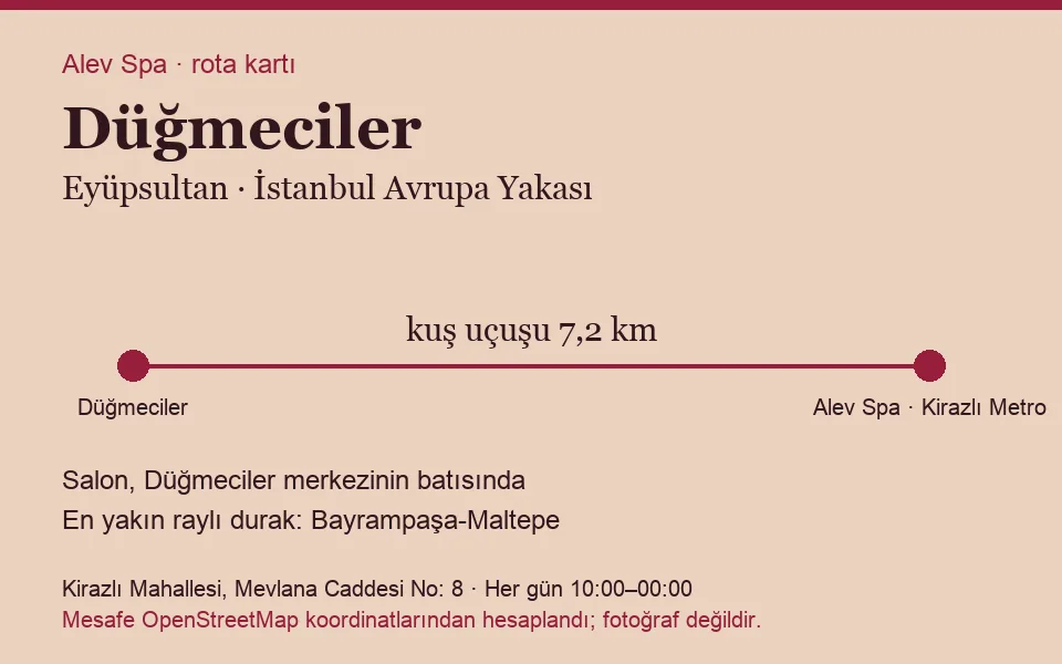 Düğmeciler masaj salonu rota kartı: Alev Spa'ya kuş uçuşu 7,2 km, salon batısında