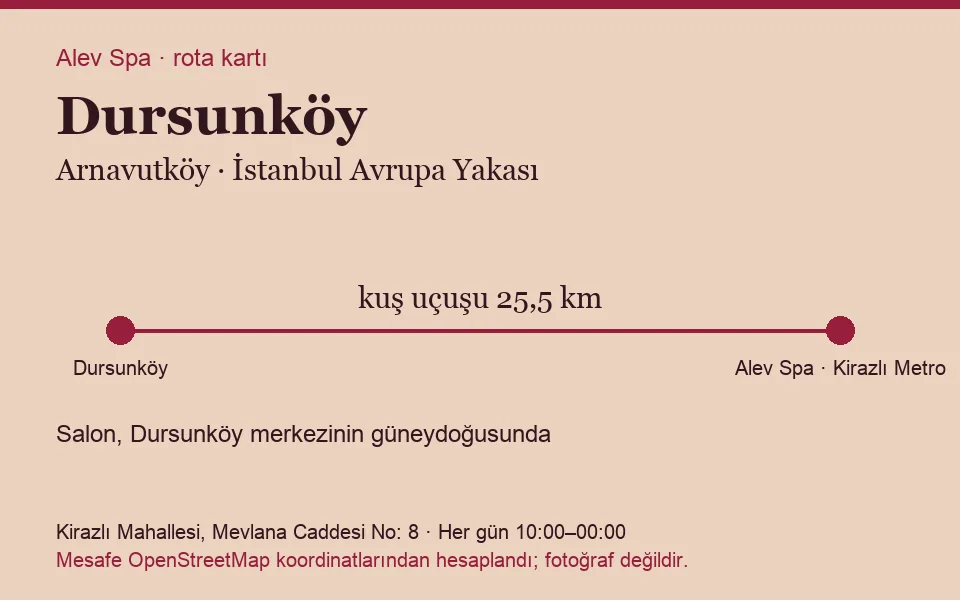 Dursunköy masaj salonu rota kartı: Alev Spa'ya kuş uçuşu 25,5 km, salon güneydoğusunda