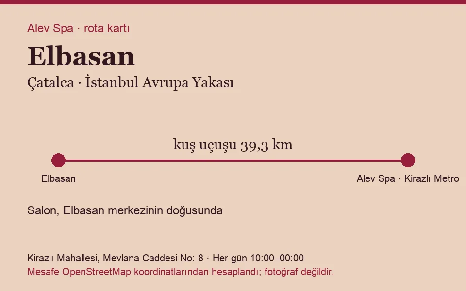 Elbasan masaj salonu rota kartı: Alev Spa'ya kuş uçuşu 39,3 km, salon doğusunda