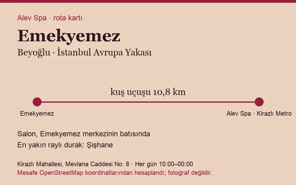 Emekyemez masaj salonu rota kartı: Alev Spa'ya kuş uçuşu 10,8 km, salon batısında