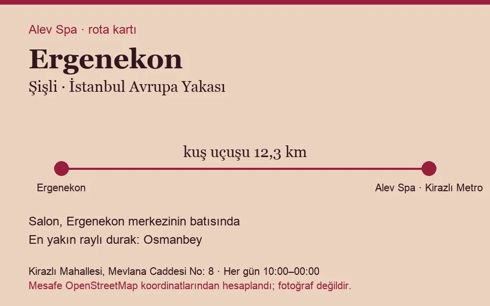 Ergenekon masaj salonu rota kartı: Alev Spa'ya kuş uçuşu 12,3 km, salon batısında