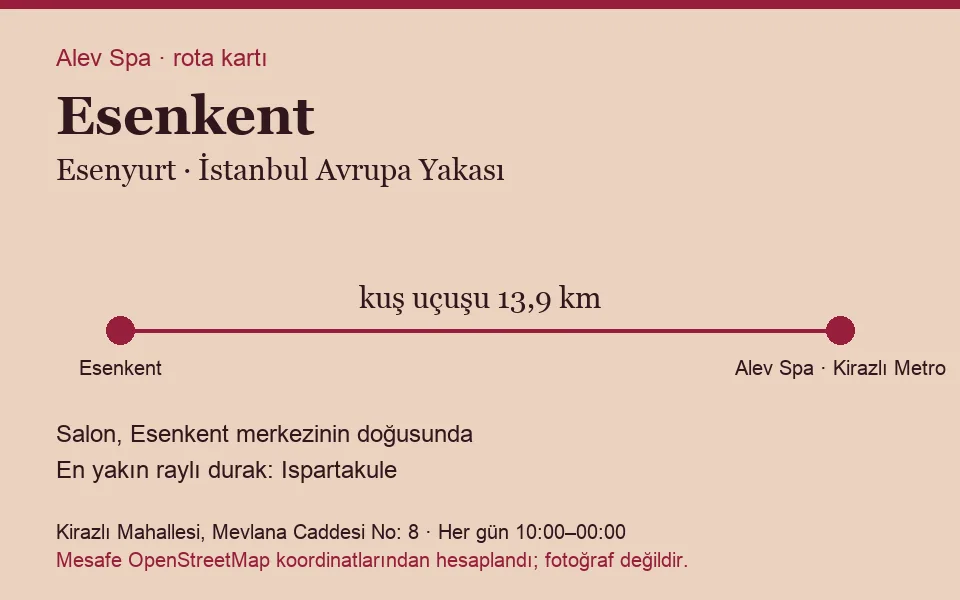 Esenkent masaj salonu rota kartı: Alev Spa'ya kuş uçuşu 13,9 km, salon doğusunda
