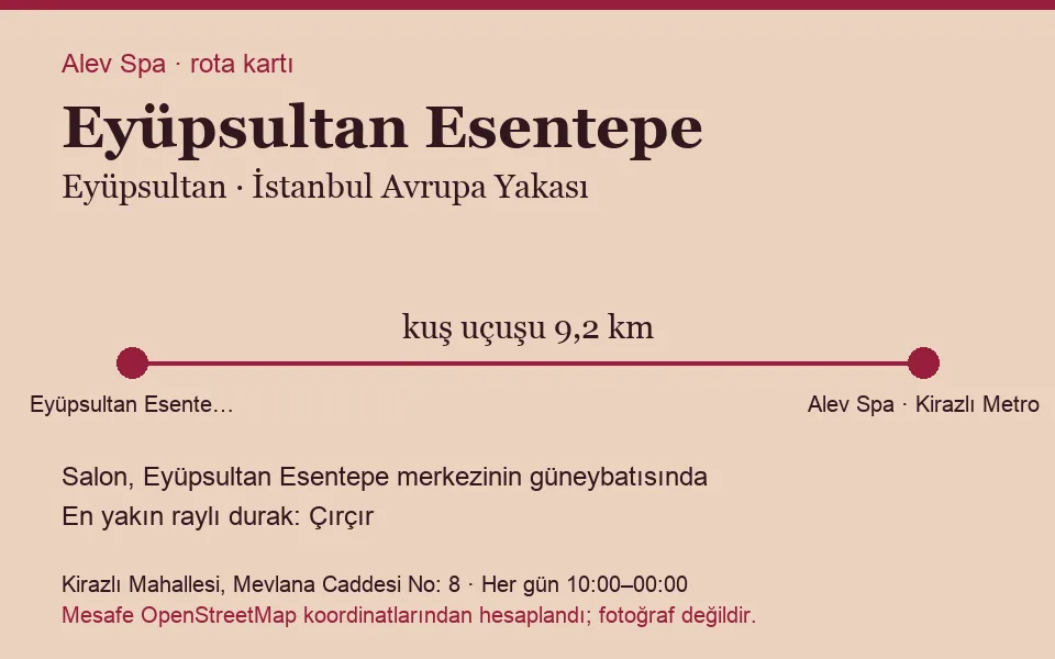 Esentepe (Eyüpsultan) masaj salonu rota kartı: Alev Spa'ya kuş uçuşu 9,2 km, salon güneybatısında