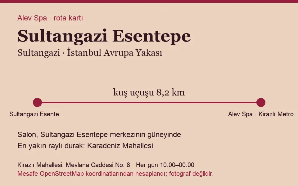 Esentepe (Sultangazi) masaj salonu rota kartı: Alev Spa'ya kuş uçuşu 8,2 km, salon güneyinde
