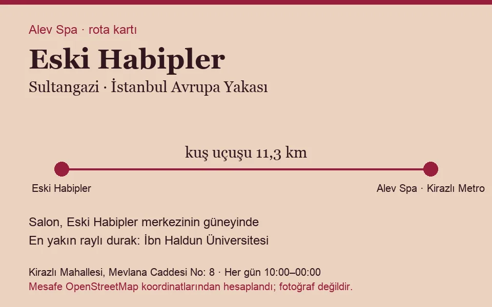 Eski Habipler masaj salonu rota kartı: Alev Spa'ya kuş uçuşu 11,3 km, salon güneyinde