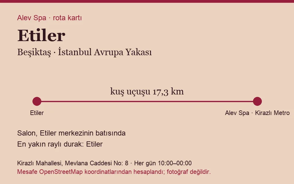 Etiler masaj salonu rota kartı: Alev Spa'ya kuş uçuşu 17,3 km, salon batısında