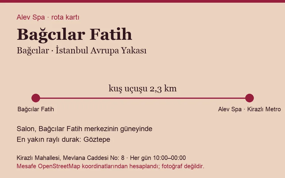Fatih (Bağcılar) masaj salonu rota kartı: Alev Spa'ya kuş uçuşu 2,3 km, salon güneyinde
