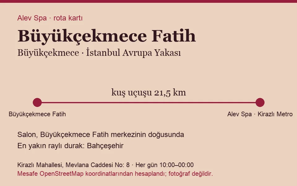 Fatih (Büyükçekmece) masaj salonu rota kartı: Alev Spa'ya kuş uçuşu 21,5 km, salon doğusunda