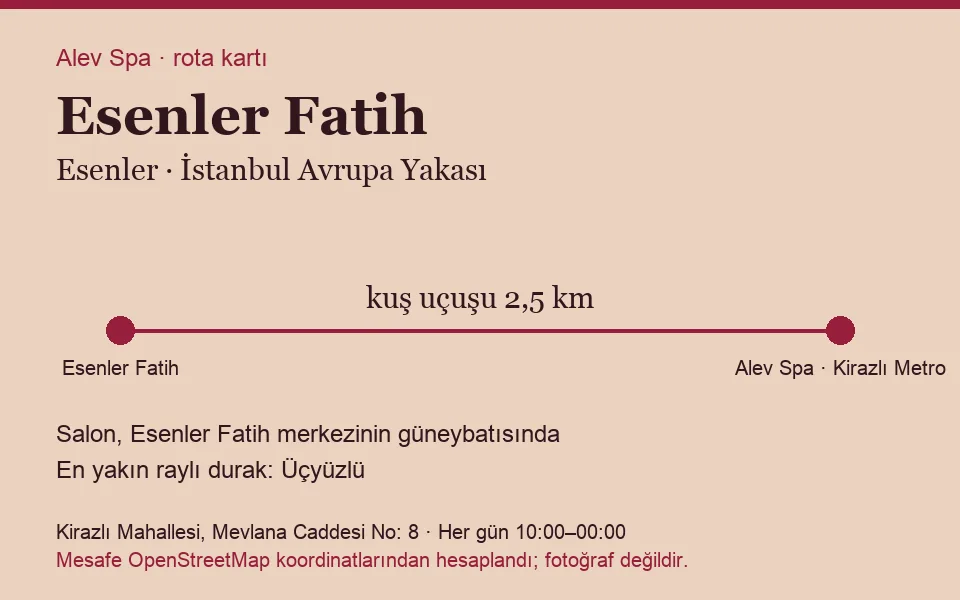 Fatih (Esenler) masaj salonu rota kartı: Alev Spa'ya kuş uçuşu 2,5 km, salon güneybatısında