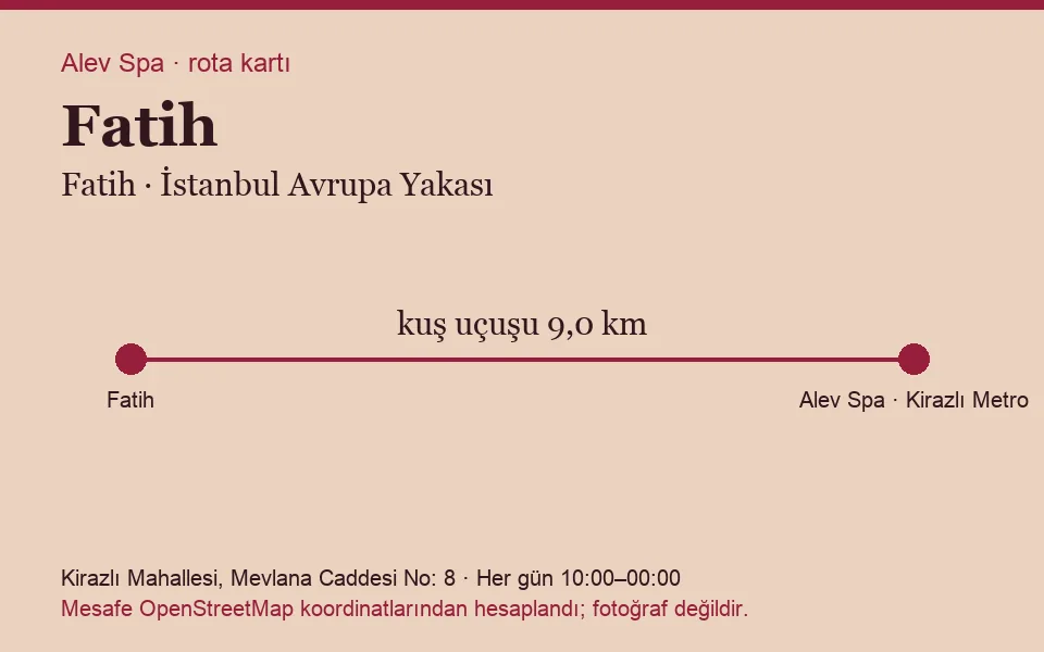Fatih masaj salonu rota kartı: Alev Spa'ya kuş uçuşu 9,0 km