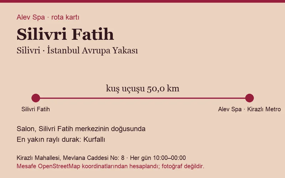 Fatih (Silivri) masaj salonu rota kartı: Alev Spa'ya kuş uçuşu 50,0 km, salon doğusunda