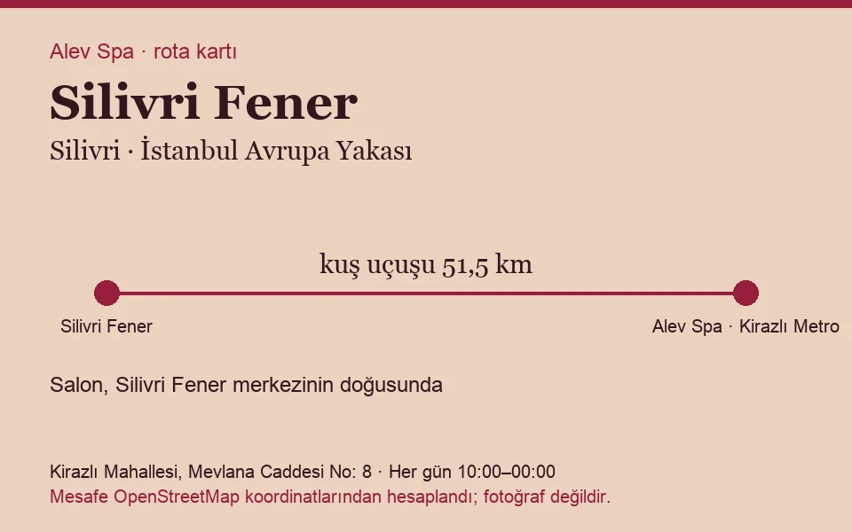Silivri Silivri Fener masaj salonu rota kartı: Alev Spa'ya kuş uçuşu 51,5 km, salon doğusunda