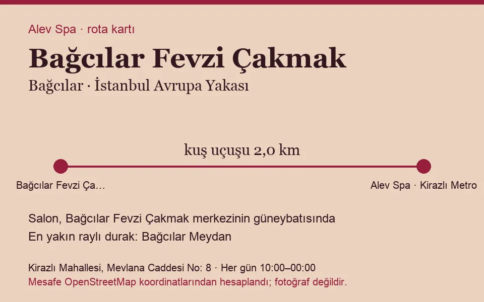 Fevzi Çakmak (Bağcılar) masaj salonu rota kartı: Alev Spa'ya kuş uçuşu 2,0 km, salon güneybatısında