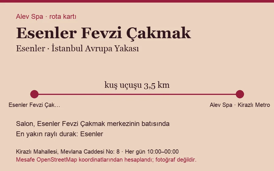 Fevzi Çakmak (Esenler) masaj salonu rota kartı: Alev Spa'ya kuş uçuşu 3,5 km, salon batısında