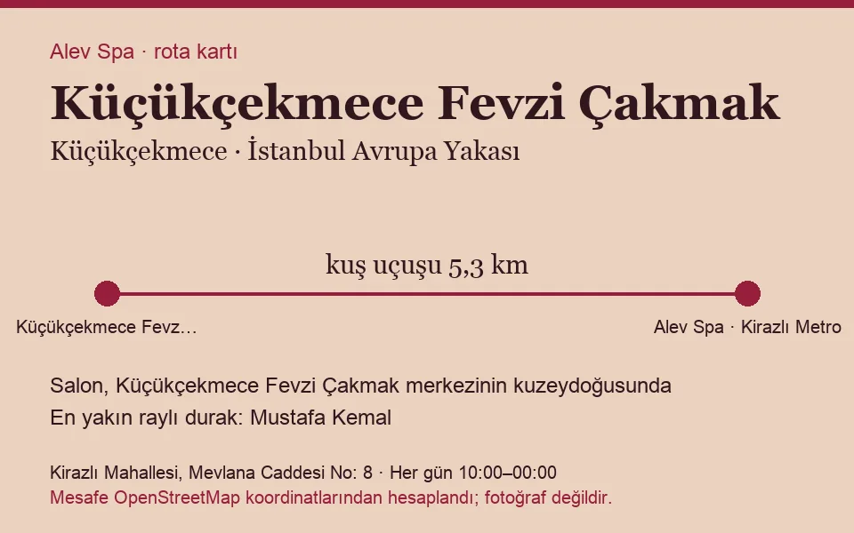 Fevzi Çakmak (Küçükçekmece) masaj salonu rota kartı: Alev Spa'ya kuş uçuşu 5,3 km, salon kuzeydoğusunda