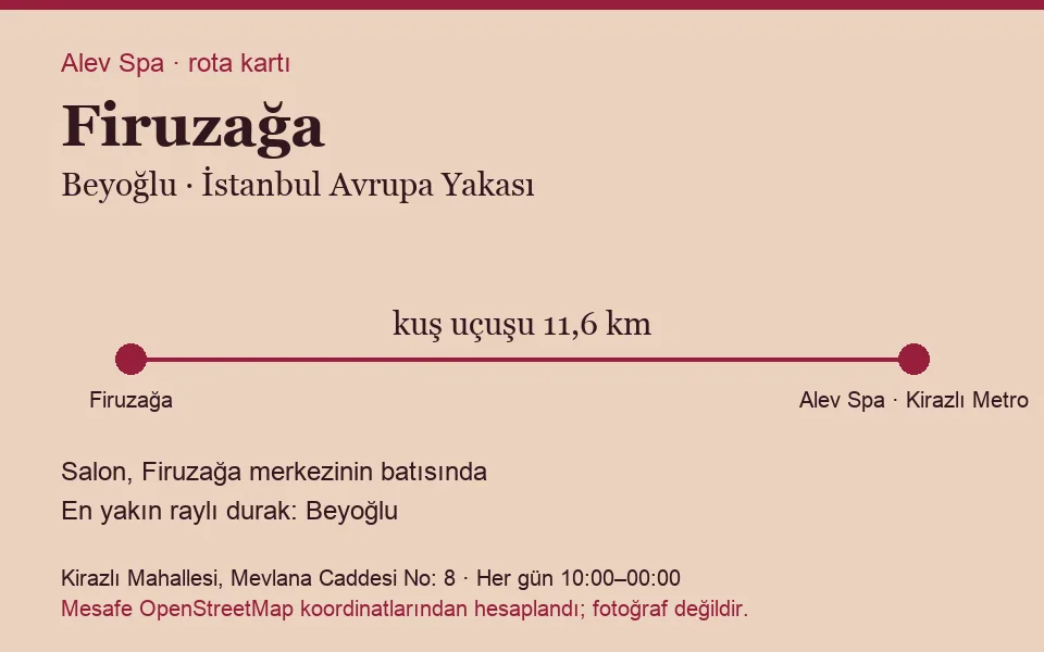 Firuzağa masaj salonu rota kartı: Alev Spa'ya kuş uçuşu 11,6 km, salon batısında