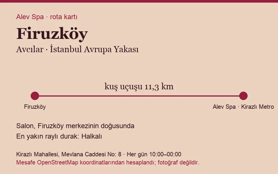 Firuzköy masaj salonu rota kartı: Alev Spa'ya kuş uçuşu 11,3 km, salon doğusunda