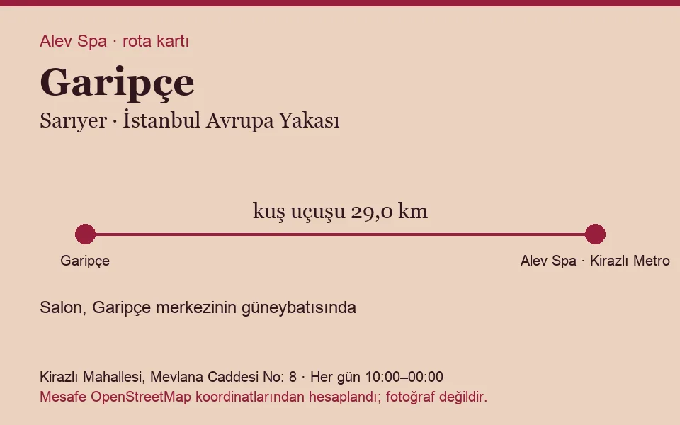 Garipçe masaj salonu rota kartı: Alev Spa'ya kuş uçuşu 29,0 km, salon güneybatısında