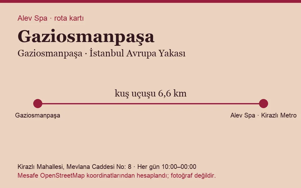 Gaziosmanpaşa masaj salonu rota kartı: Alev Spa'ya kuş uçuşu 6,6 km