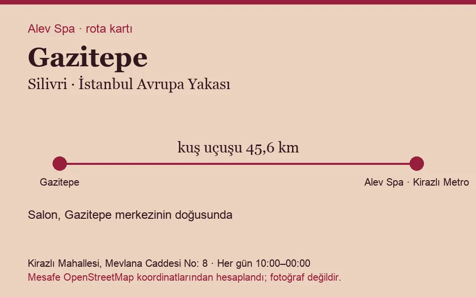 Gazitepe masaj salonu rota kartı: Alev Spa'ya kuş uçuşu 45,6 km, salon doğusunda