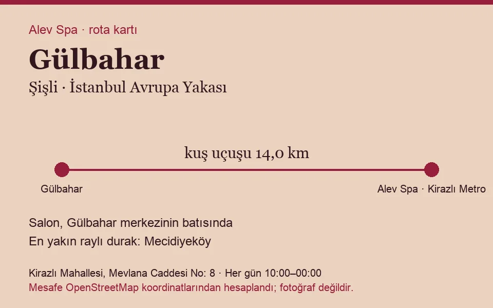 Gülbahar masaj salonu rota kartı: Alev Spa'ya kuş uçuşu 14,0 km, salon batısında