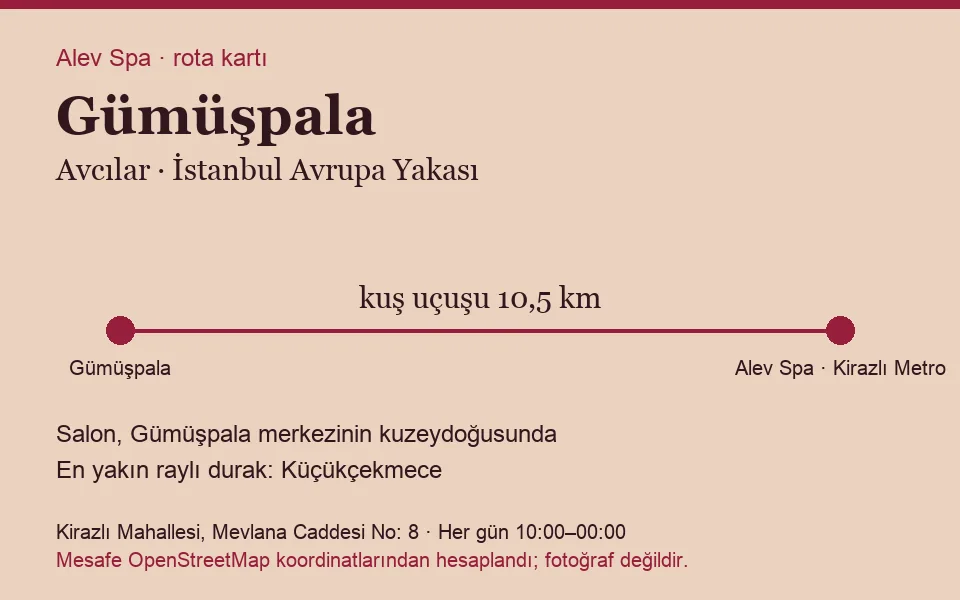 Gümüşpala masaj salonu rota kartı: Alev Spa'ya kuş uçuşu 10,5 km, salon kuzeydoğusunda