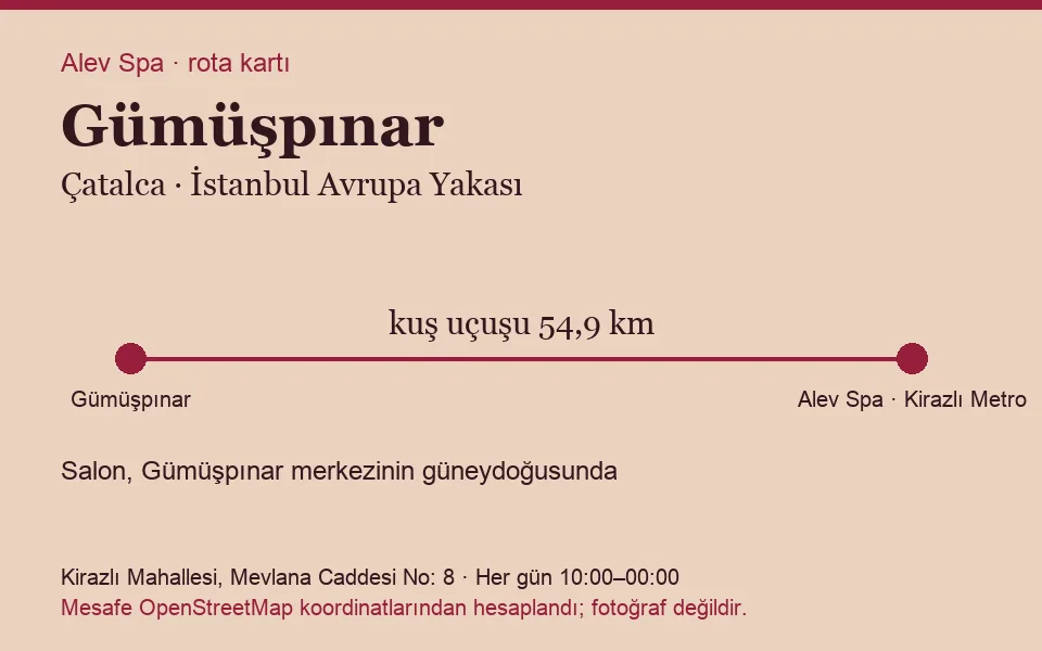 Gümüşpınar masaj salonu rota kartı: Alev Spa'ya kuş uçuşu 54,9 km, salon güneydoğusunda