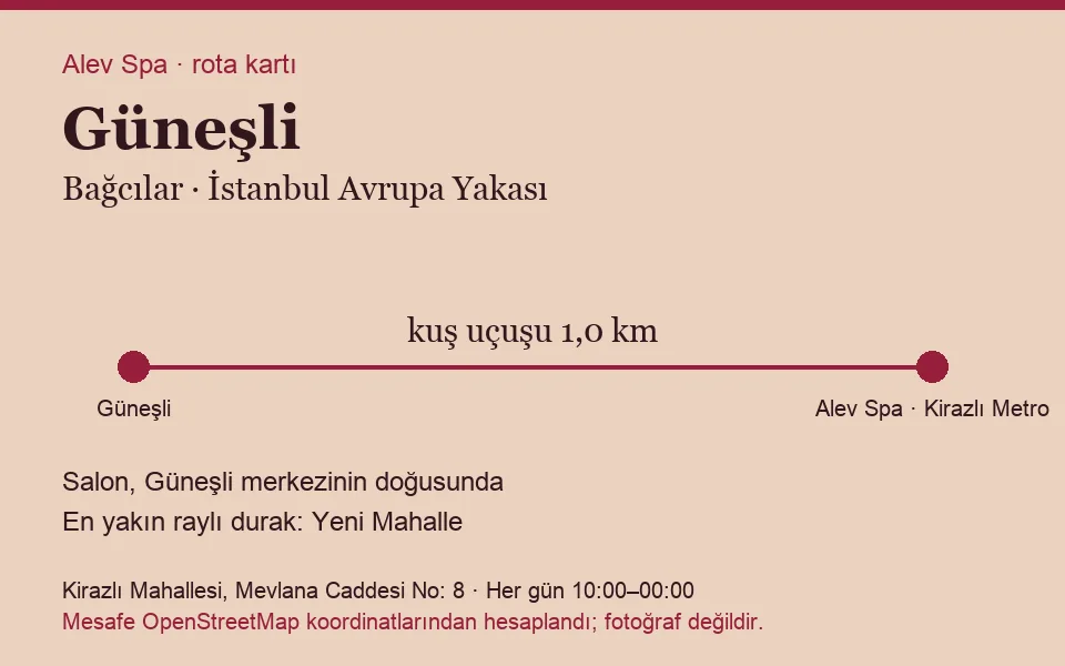 Güneşli masaj salonu rota kartı: Alev Spa'ya kuş uçuşu 1,0 km, salon doğusunda