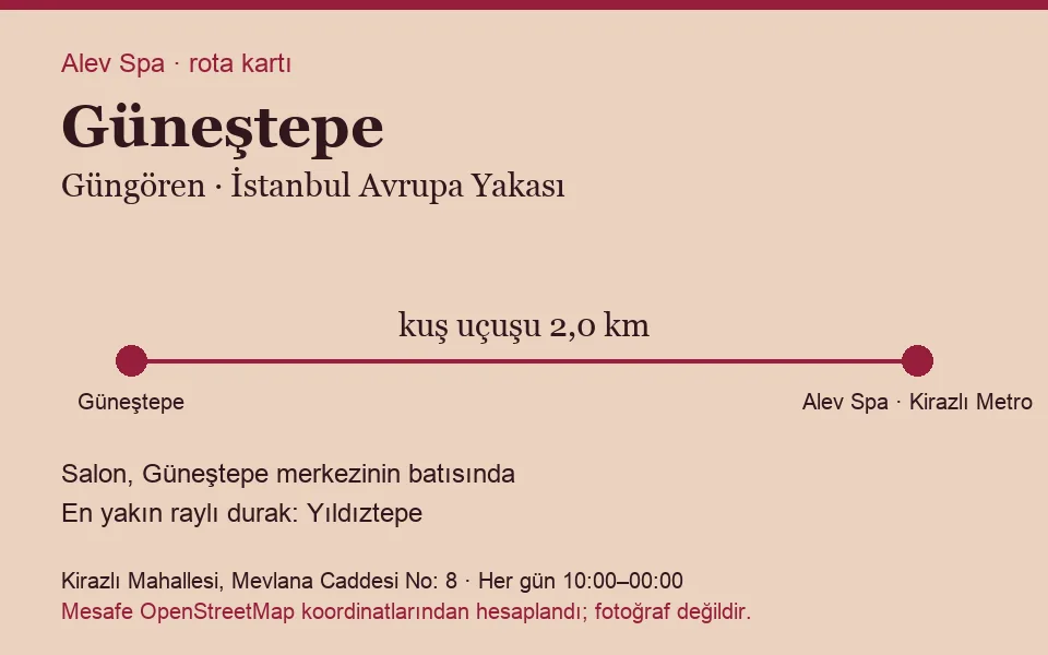 Güneştepe masaj salonu rota kartı: Alev Spa'ya kuş uçuşu 2,0 km, salon batısında