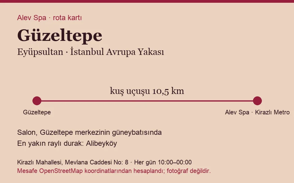 Güzeltepe masaj salonu rota kartı: Alev Spa'ya kuş uçuşu 10,5 km, salon güneybatısında