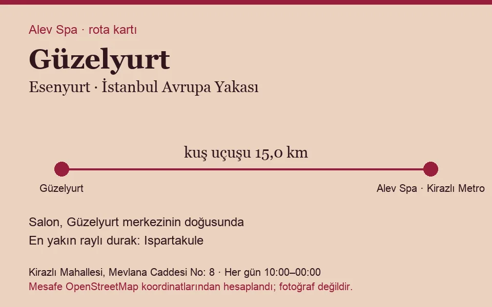 Güzelyurt masaj salonu rota kartı: Alev Spa'ya kuş uçuşu 15,0 km, salon doğusunda
