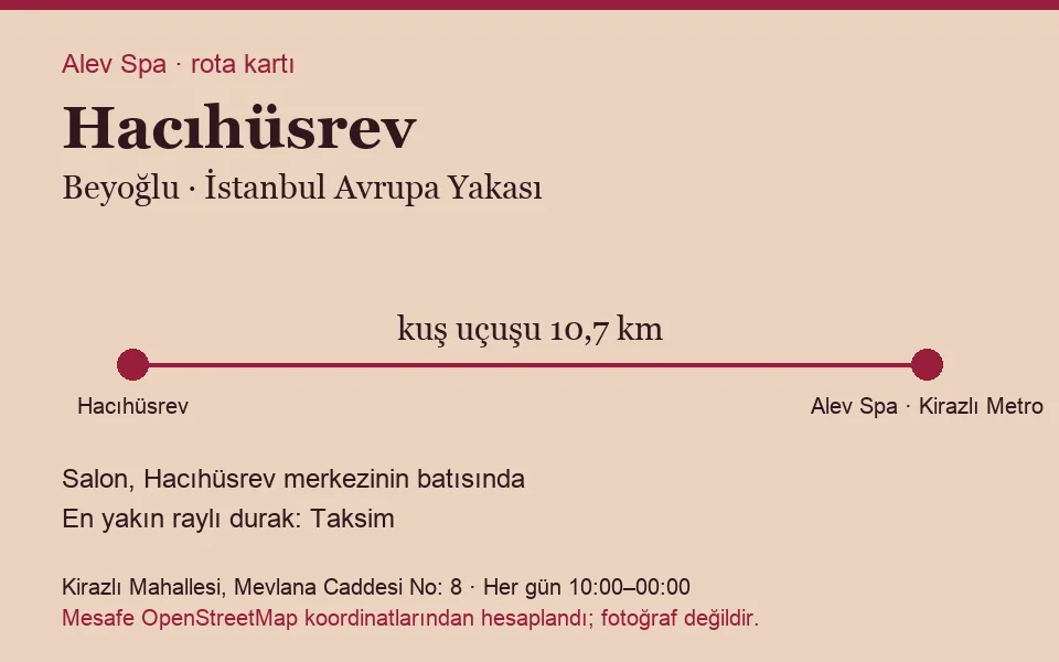 Hacıhüsrev masaj salonu rota kartı: Alev Spa'ya kuş uçuşu 10,7 km, salon batısında