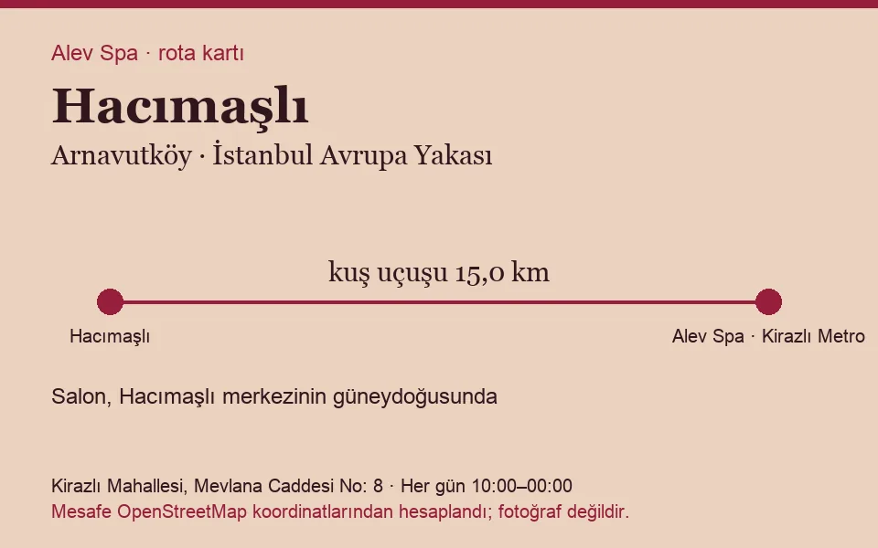 Hacımaşlı masaj salonu rota kartı: Alev Spa'ya kuş uçuşu 15,0 km, salon güneydoğusunda