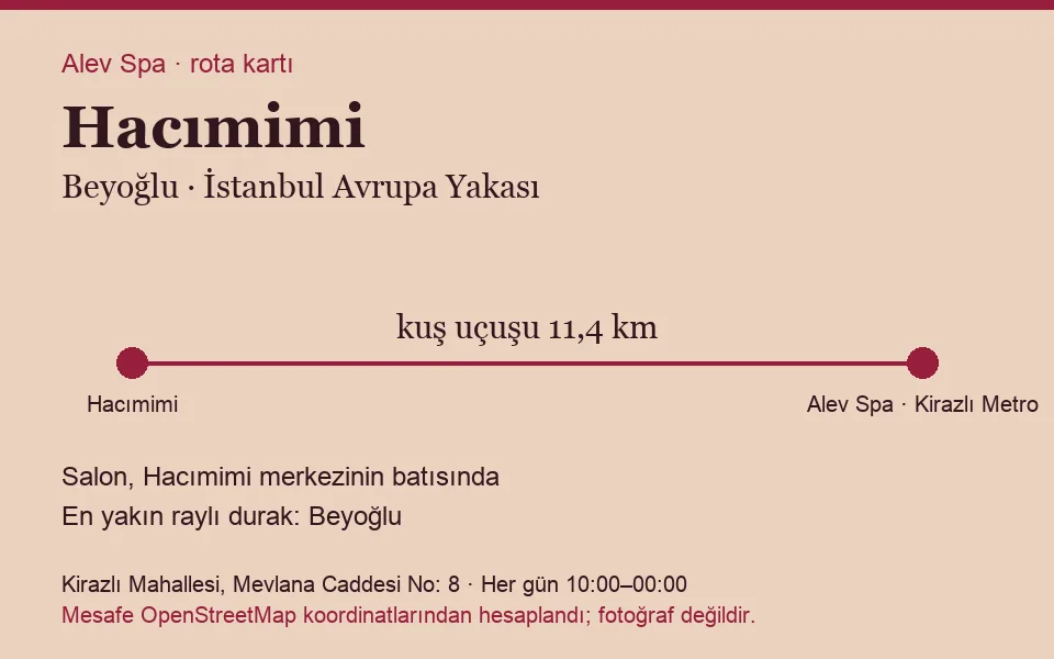 Hacımimi masaj salonu rota kartı: Alev Spa'ya kuş uçuşu 11,4 km, salon batısında