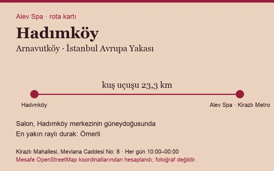 Hadımköy masaj salonu rota kartı: Alev Spa'ya kuş uçuşu 23,3 km, salon güneydoğusunda